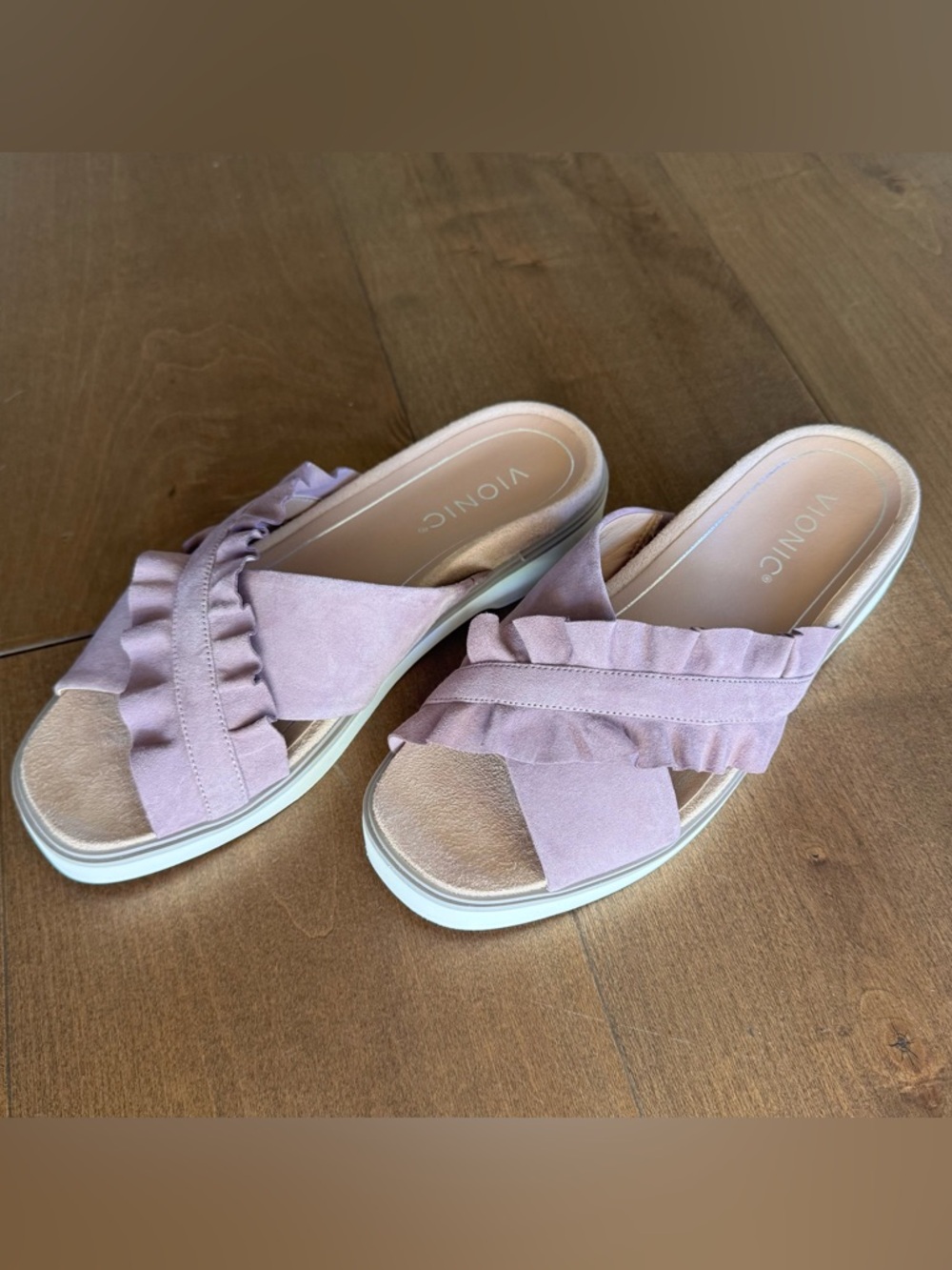 Vionic Azalea Ruffle Slide Sandals Pink Mauve Suede Comfort Size 6.5 NWOB - Picture 3 of 10